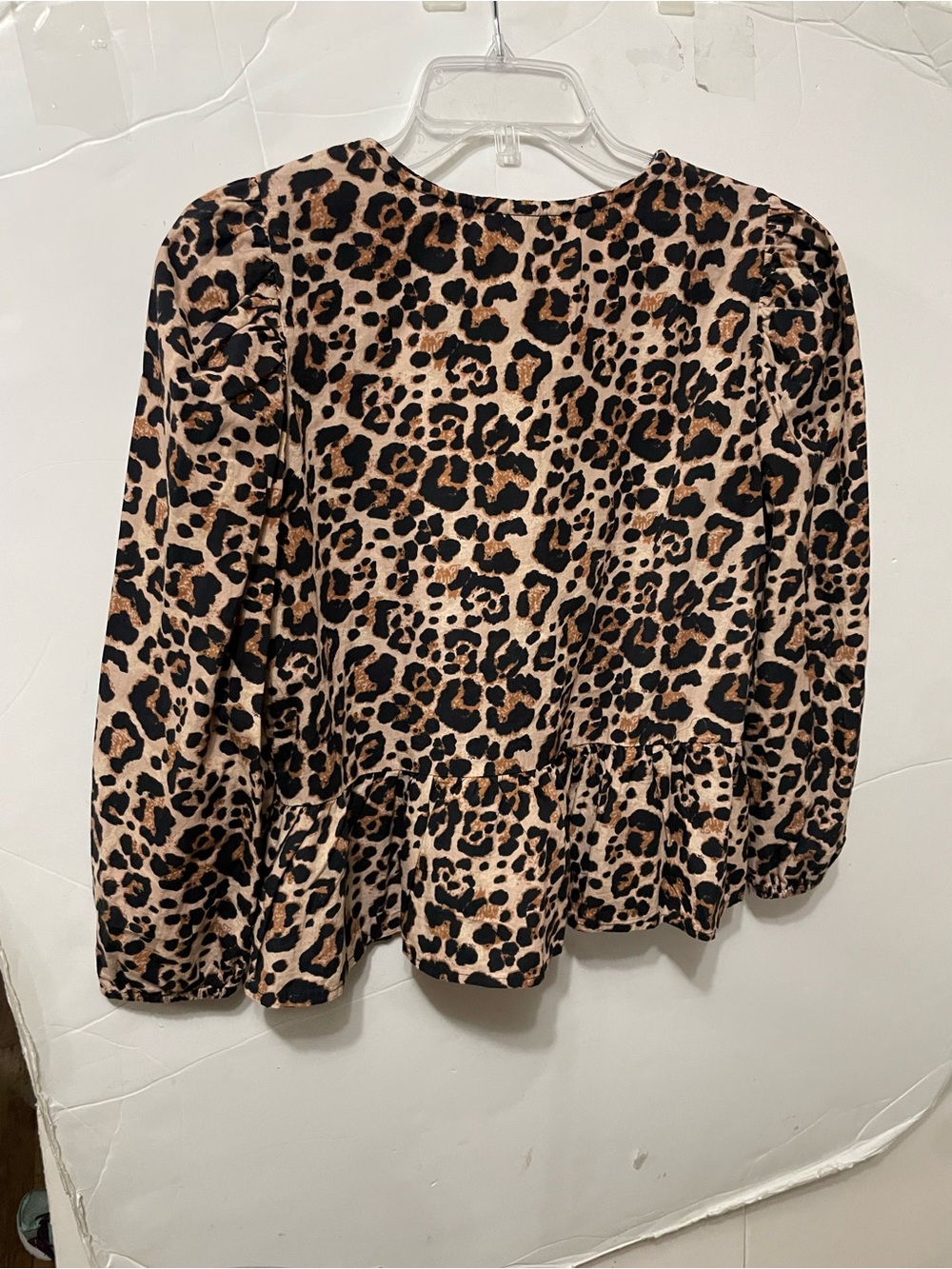 Sim & Sam Leopard Print Babydoll Peplum Tie Front Long Puff Sleeve Boho Top SZ M - Picture 16 of 16